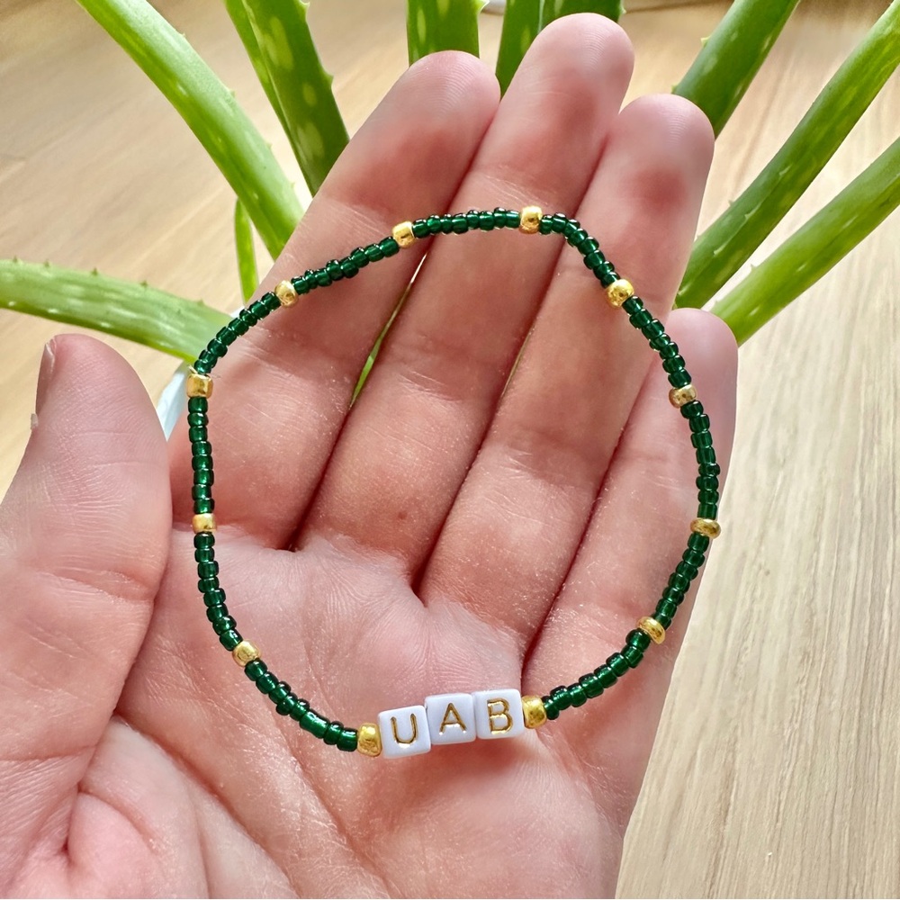 Handmade UAB College Sorority Stretch Bracelet Green Gold Blazers Dainty Jewelry